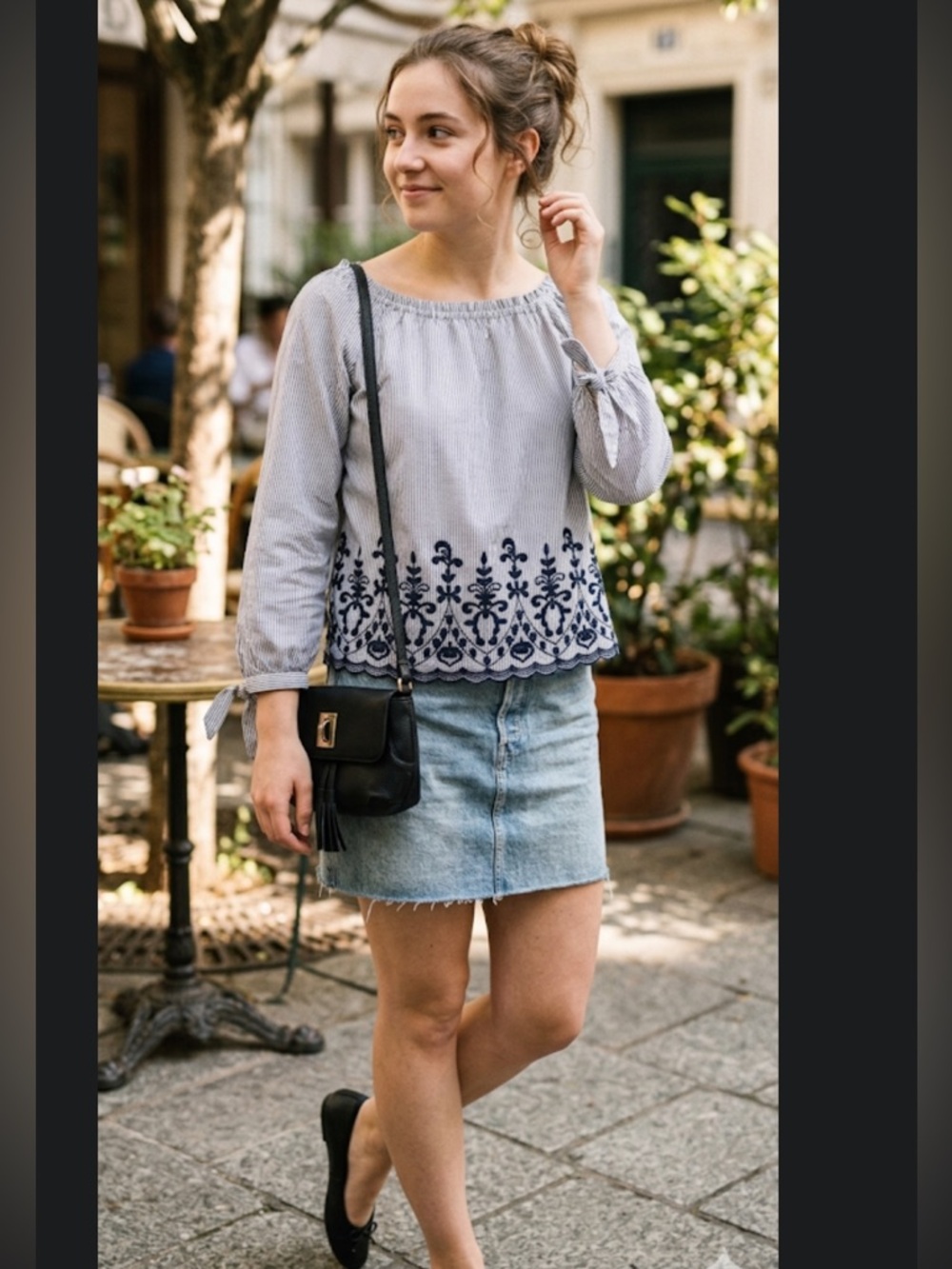 Time and Tru Blue Striped Blouse with Embroidered Hem